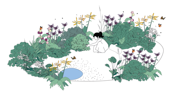 Illustration - Femme accroupie dans un jardin de papillons