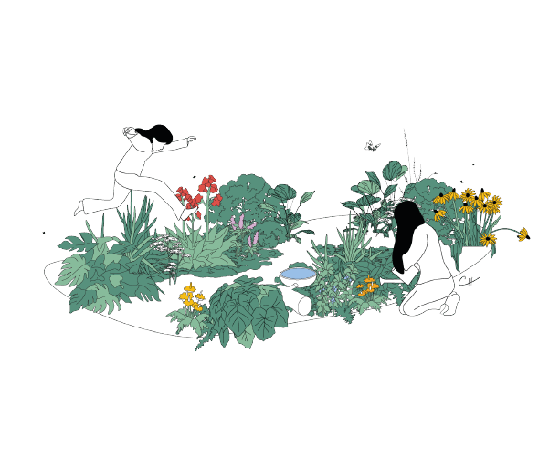 Illustration - Enfant sautant par-dessus un jardin