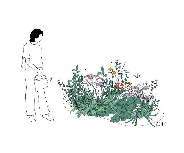 Infographie - Femme arrosant un jardin